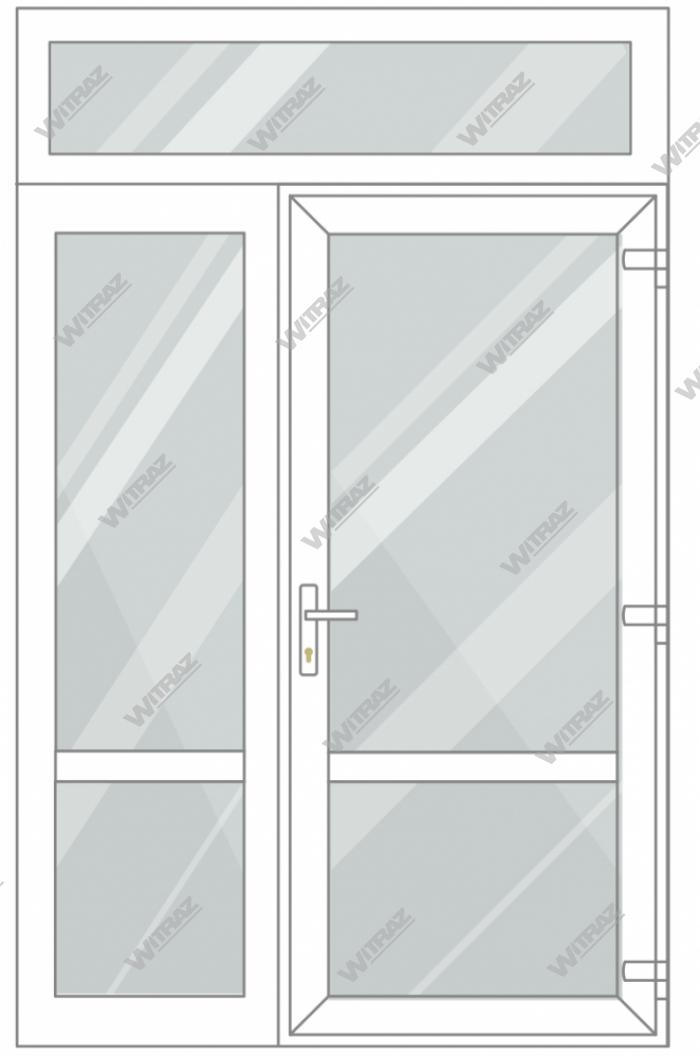 Entrédörrar i PVC med 1 sidofönster och 1 toppfönster - Dörr (glas + glas) + Sida (glas + glas) + Övre fönster (glas)