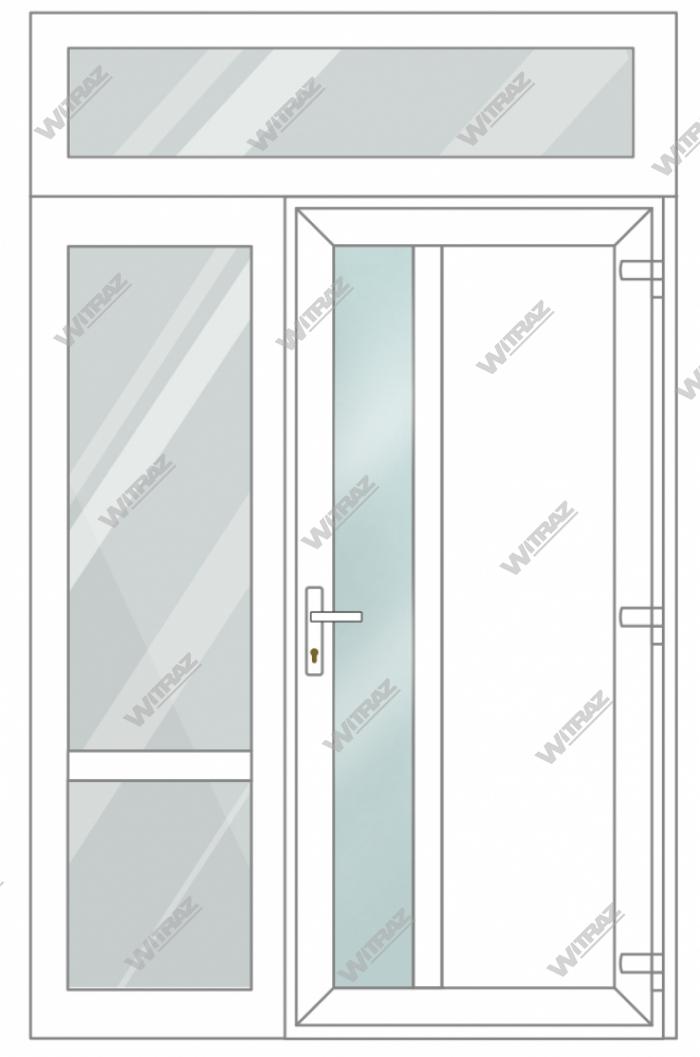 Entrédörrar i PVC med 1 sidofönster och 1 toppfönster - Dörr (matt glas + PVC) + Sida (glas + glas) + Övre fönster (glas)