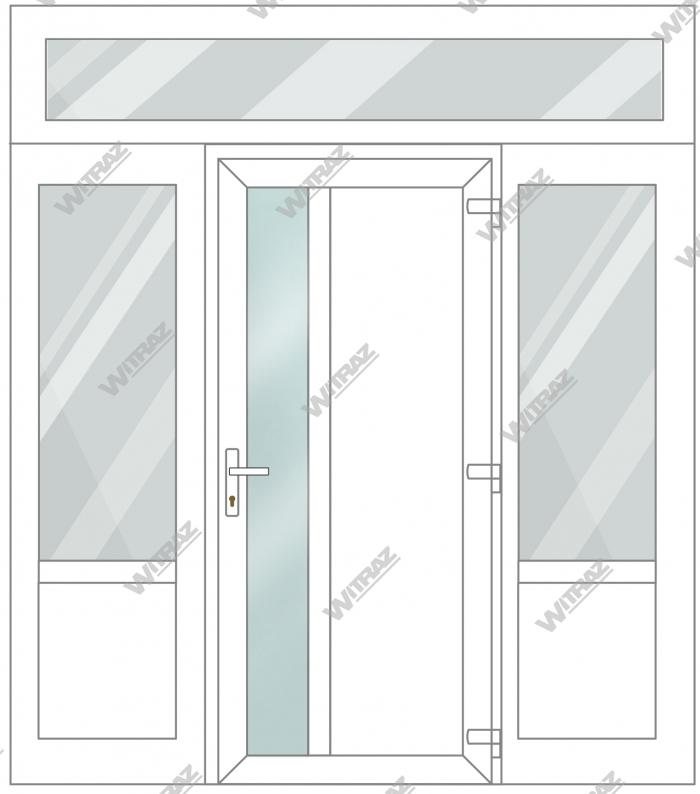 Entrédörrar i PVC med 2 sidofönster och 1 toppfönster - Dörr (matt glas + PVC) + 2 Sidor (glas + PVC) + Övre fönster (glas)