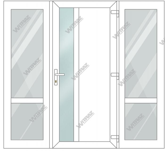 Entrédörrar i PVC med 2 sidofönster - Dörr (matt glas + PVC) + 2 Sidor (glas + glas)