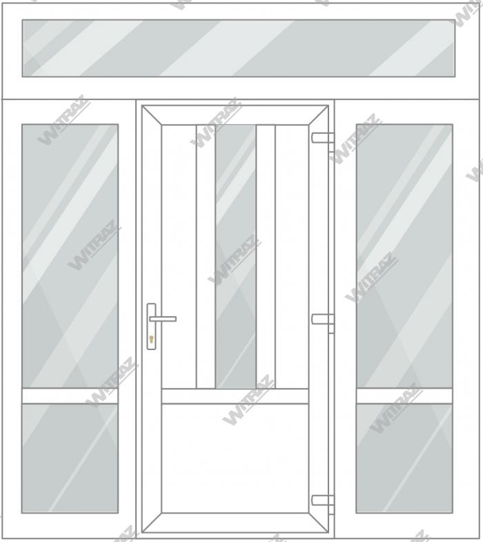 Entrédörrar i PVC med 2 sidofönster och 1 toppfönster - Dörr ((PVC + glas + PVC) + PVC)) + 2 Sidor (glas + glas) + Övre fönster (glas)