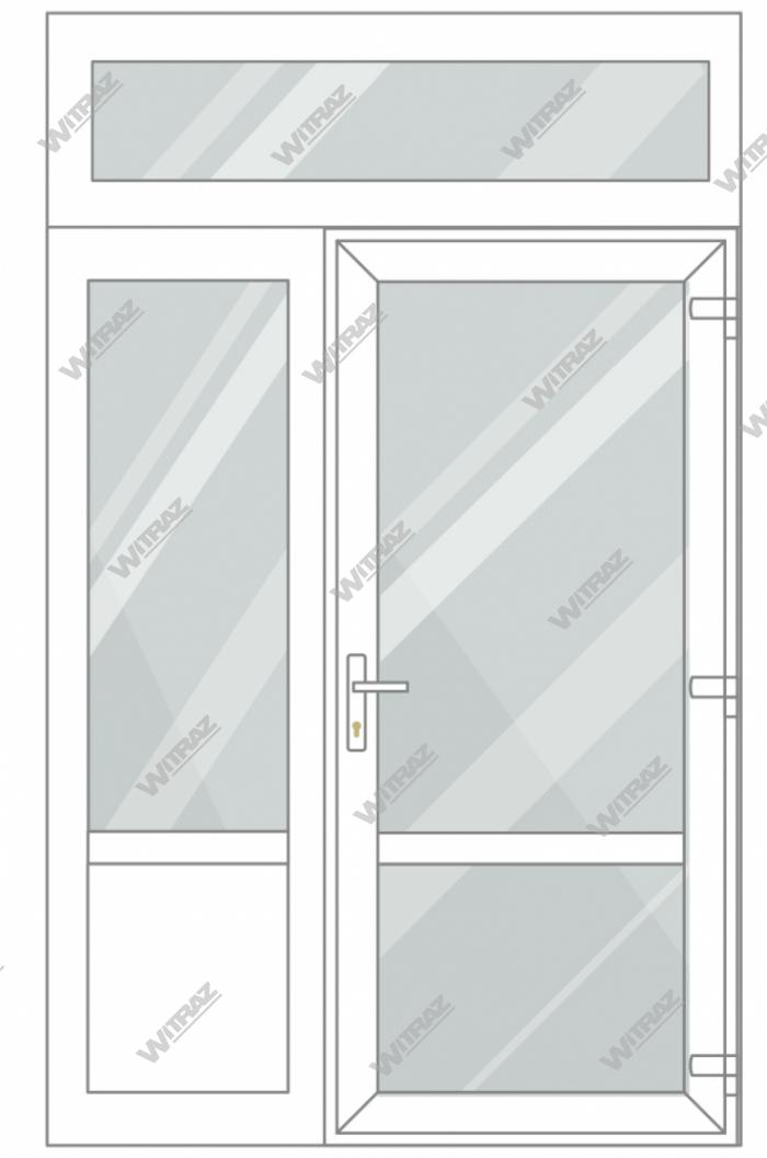 Entrédörrar i PVC med 1 sidofönster och 1 toppfönster - Dörr (glas + glas) + Sida (glas + PVC) + Övre fönster (glas)