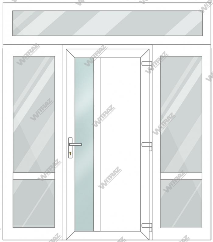 Entrédörrar i PVC med 2 sidofönster och 1 toppfönster - Dörr (matt glas + PVC) + 2 Sidor (glas + glas) + Övre fönster (glas)