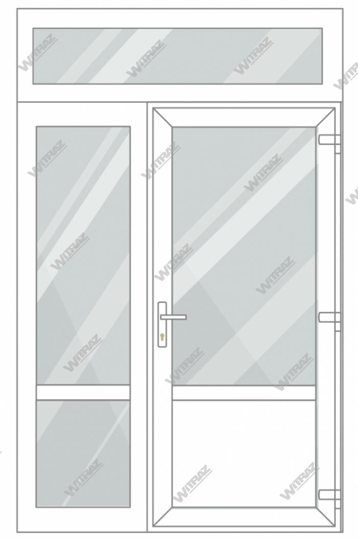 Entrédörrar i PVC med 1 sidofönster och 1 toppfönster - Dörr (glas + PVC) + Sida (glas + glas) + Övre fönster (glas)