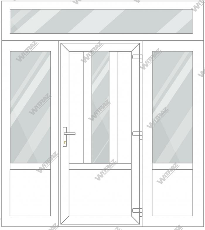 Entrédörrar i PVC med 2 sidofönster och 1 toppfönster - Dörr ((PVC + glas + PVC) + PVC)) + 2 Sidor (glas + PVC) + Övre fönster (glas)