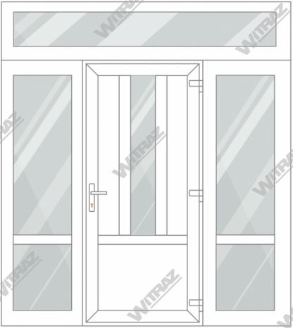  Entrédörrar i PVC med 2 sidofönster och 1 toppfönster - Dörr ((PVC + glas + PVC) + PVC)) + 2 Sidor (glas + glas) + Övre fönster (glas)