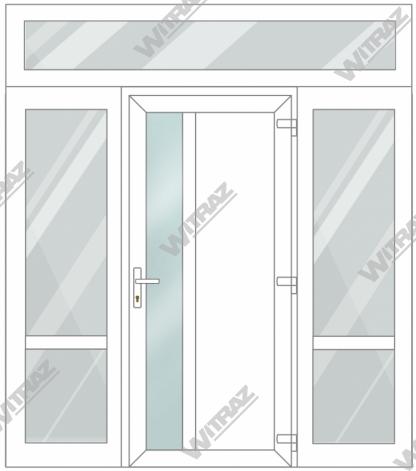  Entrédörrar i PVC med 2 sidofönster och 1 toppfönster - Dörr (matt glas + PVC) + 2 Sidor (glas + glas) + Övre fönster (glas)